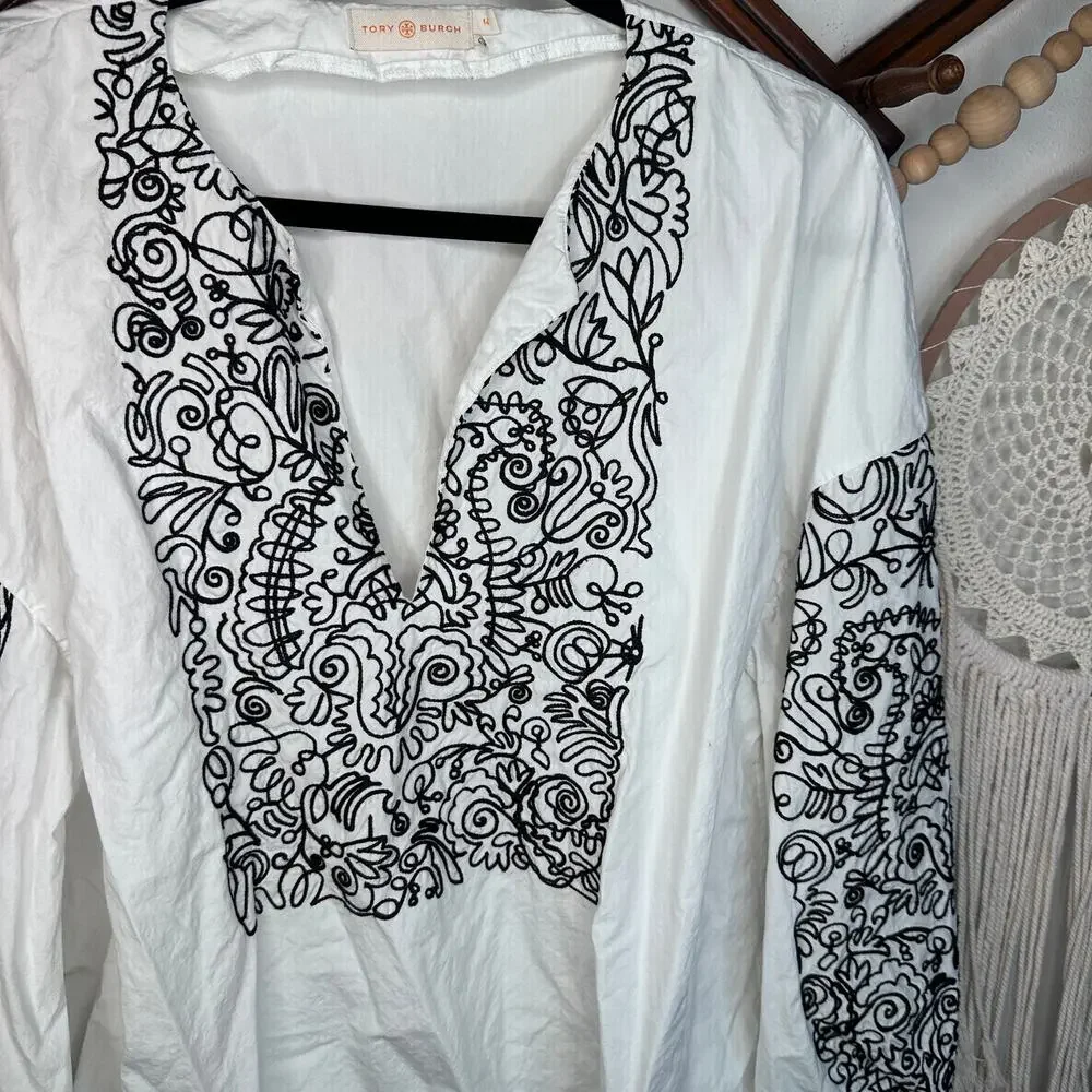 Tory Burch Cotton Poplin Embroidered Long Sleeve Top